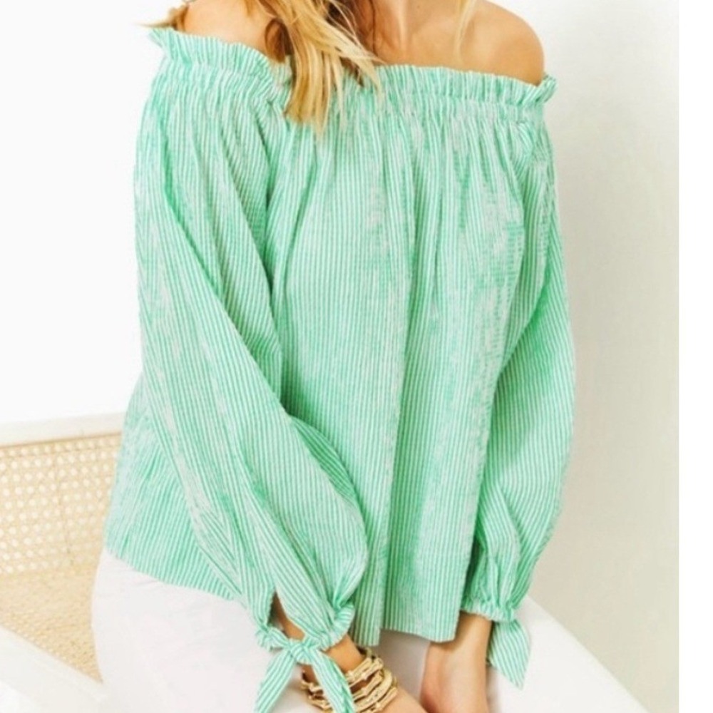Lilly Pulitzer Women's Jamielynn Green Seersucker Off The Shoulder Blouse XL